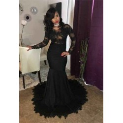 Chic black lace prom dress, Long Sleeves mermaid party dress