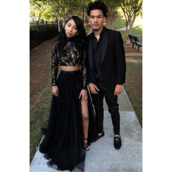 Two Piece Long Sleeves Evening Gown Black Chic Slit Lace Prom Party Gowns
