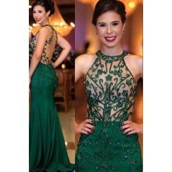 Chic Sleeveless Round Neck Beading Prom Dresses With Open Back Dark Green Evening Gowns