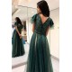 Dark Green Princess Short Sleeves Long Prom Dresses V-Neck Lace Evening Dresses with Soft Pleats