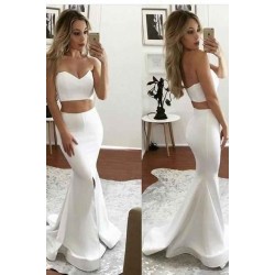 White Two Piece Formal Evening Dresses Mermaid Sweetheart Sleeveless Front Slit Prom Party Gowns
