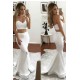 White Two Piece Formal Evening Dresses Mermaid Sweetheart Sleeveless Front Slit Prom Party Gowns