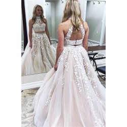 Gorgeous Halter Two Piece Applique Prom Dresses Elegant Lace Up Crystal Evening Dresses with Beads