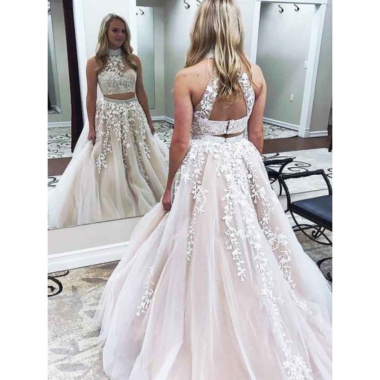 Gorgeous Halter Two Piece Applique Prom Dresses Elegant Lace Up Crystal Evening Dresses with Beads