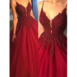 Gorgeous Spaghetti Strap Beads Prom Dresses Red Elegant Lace Puffy Ball Gown Evening Dresses