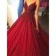 Gorgeous Spaghetti Strap Beads Prom Dresses Red Elegant Lace Puffy Ball Gown Evening Dresses
