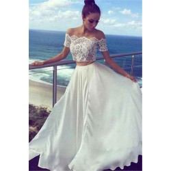 Elegant Two Pieces Lace Prom Party GownsChiffon Short Sleeve Evening Dress