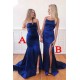 Chic Royal Blue Backless High Split Mermaid Prom Party Gowns with Chapel Train