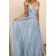 Sky Blue Lace Prom Dresses Deep V-neck A Line Long Party Elegant Floor Length Women Evening Gowns