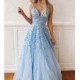 Sky Blue Lace Prom Dresses Deep V-neck A Line Long Party Elegant Floor Length Women Evening Gowns