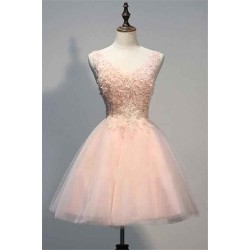 Pink Prom Dresses Evening Dresses Short With Lace Appliques A Line Tulle Evening Wear
