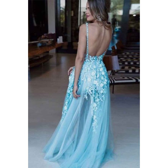 Romantic Sky Blue Deep V-neck A-line See-through Chic Backless Sleeveless Prom Party Gowns