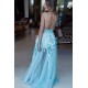 Romantic Sky Blue Deep V-neck A-line See-through Chic Backless Sleeveless Prom Party Gowns