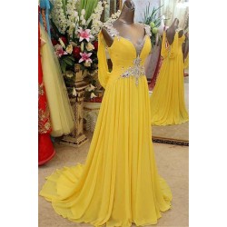 Affordable Yellow Spaghetti Strap Open Back Prom Dresses Sleeveless Applique Evening Dresses with Beads