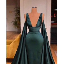 Sexy Deep V-Neck Sleeveless Long Evening Gowns Mermaid Prom Dress With Ruffles