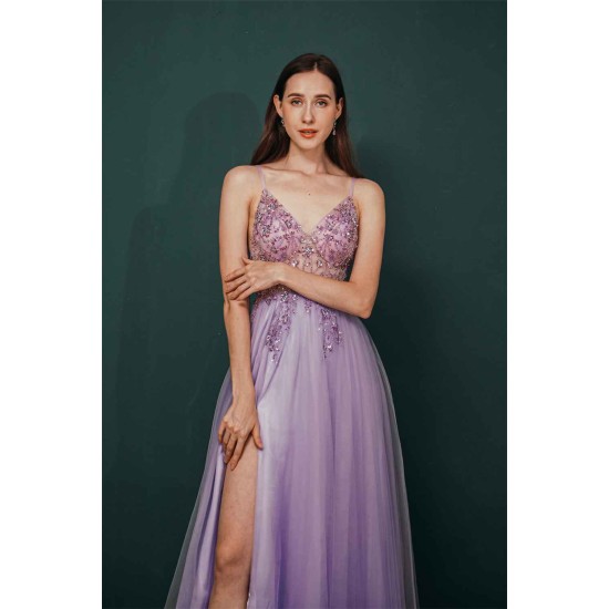 Sparkle Lilac Tulle High-split Spaghetti Strap Prom Dress