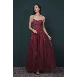 Burgundy Spaghetti Strap Lace Appliques High split Prom Dress