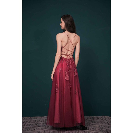 Burgundy Spaghetti Strap Lace Appliques High split Prom Dress