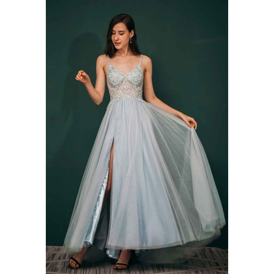 Light blue See-through Sparkle Appliques Prom Dress