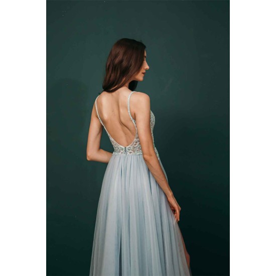 Light blue See-through Sparkle Appliques Prom Dress