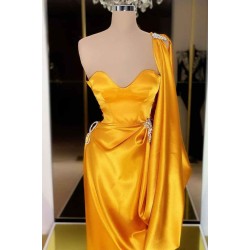Designer Yellow Gold One Shoulder Long Evening Prom Dress With  Ruffles