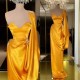 Designer Yellow Gold One Shoulder Long Evening Prom Dress With  Ruffles