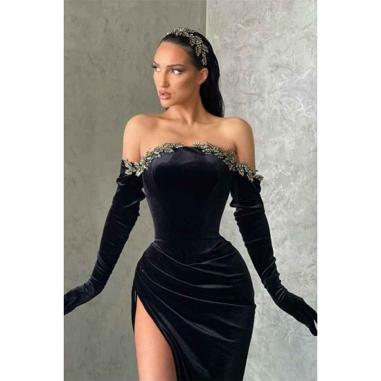 Black High-split Velvet Off-the-shoulder Mermaid Prom Dress