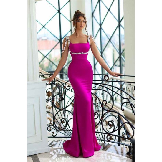 Stunning Sparkle Beaded Straps Fuchsia Column Satin Floor length Prom Dress