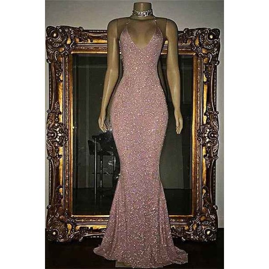 Gorgeous Sequined Mermaid Spaghetti-strap Long Sleevesless Prom Party Gowns