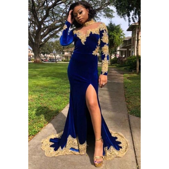 Velvet Long Sleeves Mermaid Front Split Gold Apliques Prom Party Gowns Royal Blue