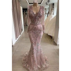Gorgeous Mermaid Lace Beading V-neck Long Sleevess Prom Dresses Evening Gowns With Beading Waistband