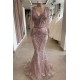 Gorgeous Mermaid Lace Beading V-neck Long Sleevess Prom Dresses Evening Gowns With Beading Waistband