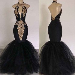 Chic Backless Prom Dresses with Gold Appliques Mermaid Halter Evening Gowns with Keyhole