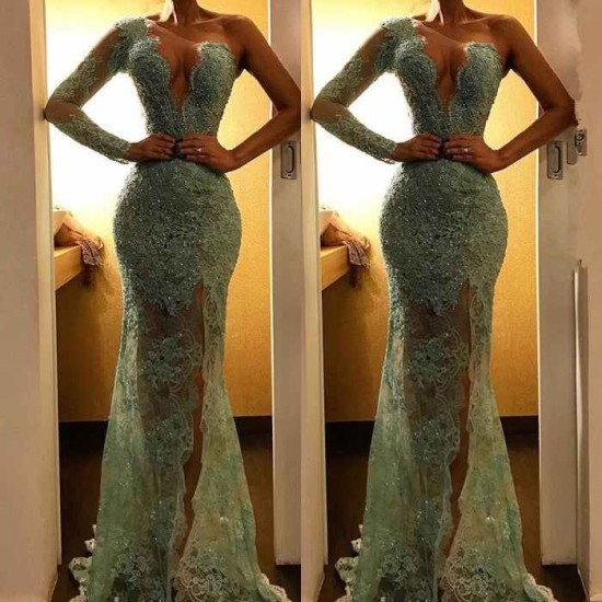 Beautiful One Shoulder Mermaid Evening Dress Lace Long Prom Party Dress