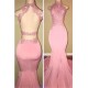 Gorgeous High Neck Pink Lace Prom Party GownsMermaid Long