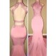 Gorgeous High Neck Pink Lace Prom Party GownsMermaid Long