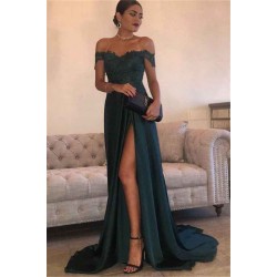 THERESA A-line Floor Length Split Off-the-Shoulder Lace Prom Dresses