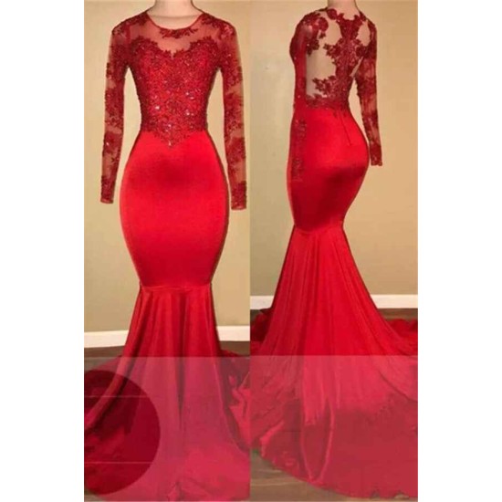 Long Sleeves Mermaid Lace Prom Dresses Red Sheer Tulle Evening Gown