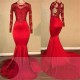 Long Sleeves Mermaid Lace Prom Dresses Red Sheer Tulle Evening Gown