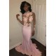 Chic Mermaid Pink High Neck Prom Dresses Long Sleevess Appliques Evening Gowns with Beadings