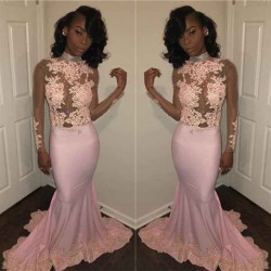 Chic Mermaid Pink High Neck Prom Dresses Long Sleevess Appliques Evening Gowns with Beadings