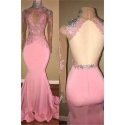 Gorgeous High-Neck Backless Pink Prom Party GownsMermaid With Lace Appliques