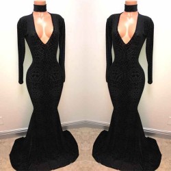 Black Lace V-Neck Prom Party Gowns| Mermaid Long-Sleeve Evening Gowns