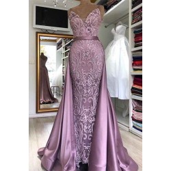 Spaghetti Strap Lilac Sleeveless Evening Dress with Overskirt Chic V-back Prom Party Gowns with gorgeous Lace appliques