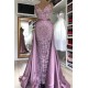 Spaghetti Strap Lilac Sleeveless Evening Dress with Overskirt Chic V-back Prom Party Gowns with gorgeous Lace appliques