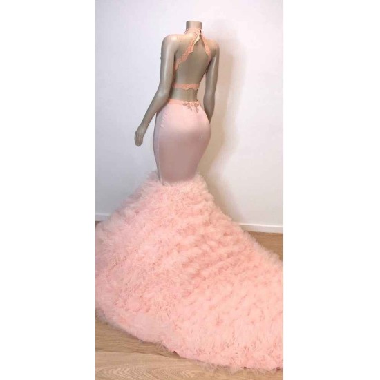 Pink Halter Sleeveless Mermaid Prom Dresses New Arrival Chic Open Back Lace Tulle Evening Gowns