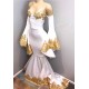 Long Sleeves Prom Party Gowns with gold appliques, mermaid evening dress