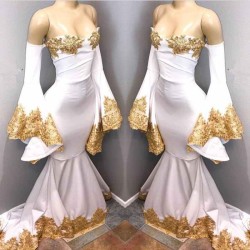 Long Sleeves Prom Party Gowns with gold appliques, mermaid evening dress