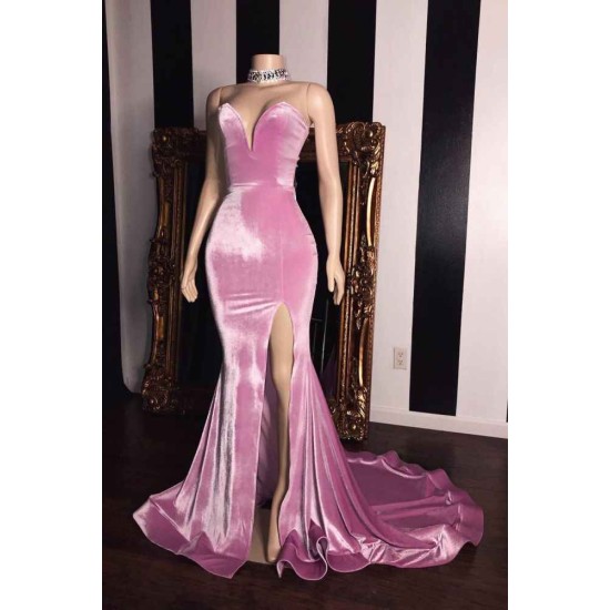 Pink Velvet Sweetheart Prom Dresses Elegant Side Slit Mermaid Long Evening Gowns