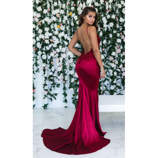 Burgundy Sleeveless Mermaid Backless Prom Dresses Spaghetti-Straps Lace Appliques Evening Gowns